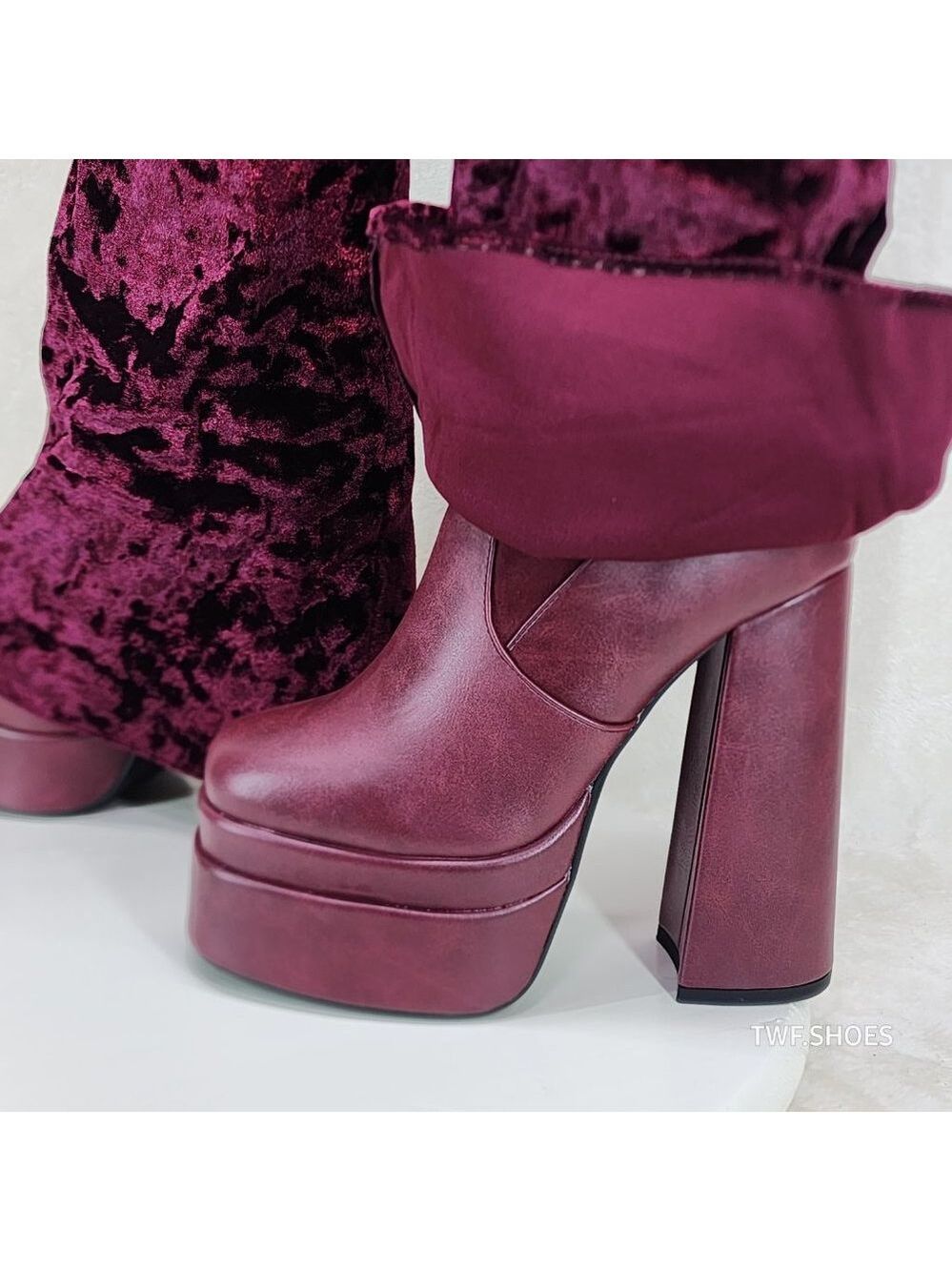 Good Will Unique Thigh High Wine Red Velvet Fold over Chunky Heel Platform Boots - Picture 7 of 10